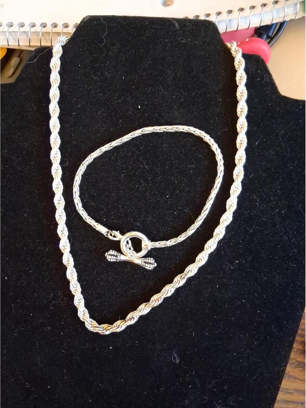 Twisted Rope and Ball Bead Silver Chain Necklace & Bracelet Set